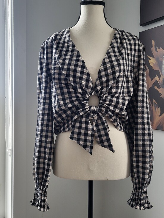 Zara Tops - Zara Black & White Gingham Tie-Front Blouse